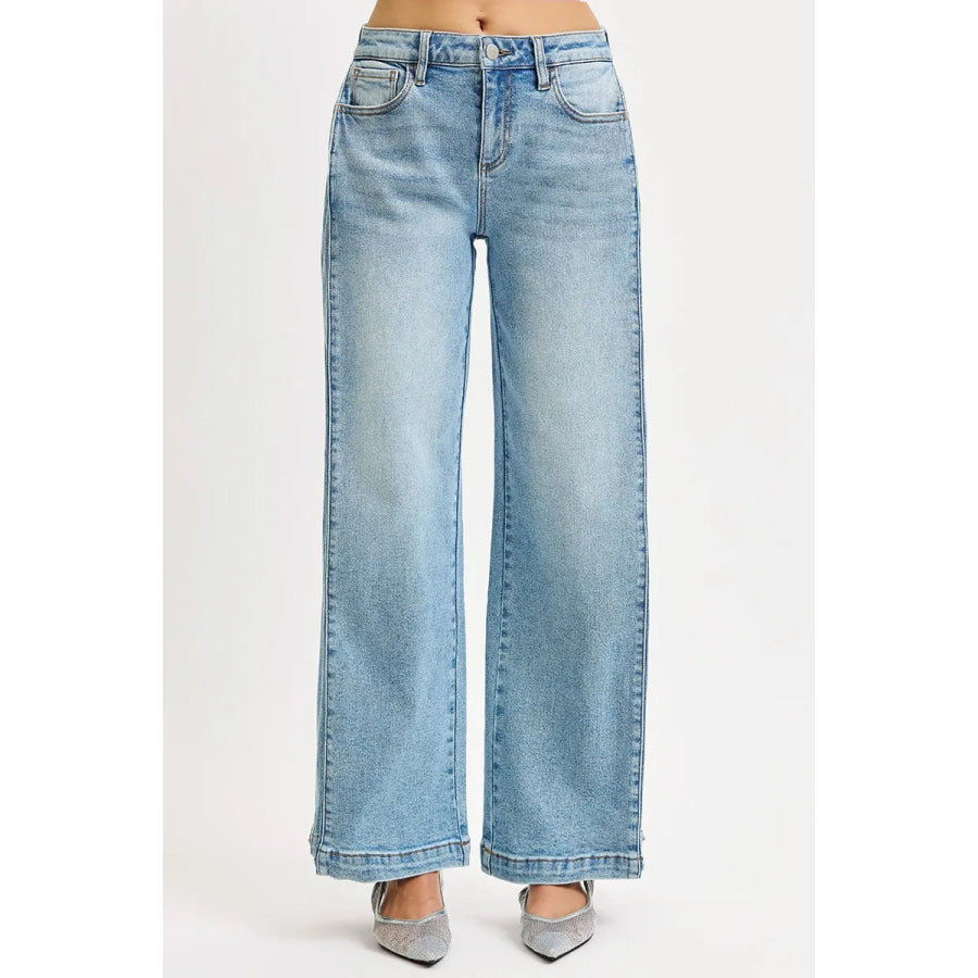RISEN Mid Rise Wide Barrel Transferable Leg Snap Jeans Apparel and Accessories