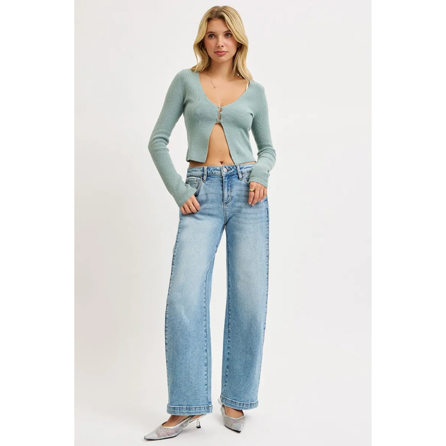 RISEN Mid Rise Wide Barrel Transferable Leg Snap Jeans Apparel and Accessories