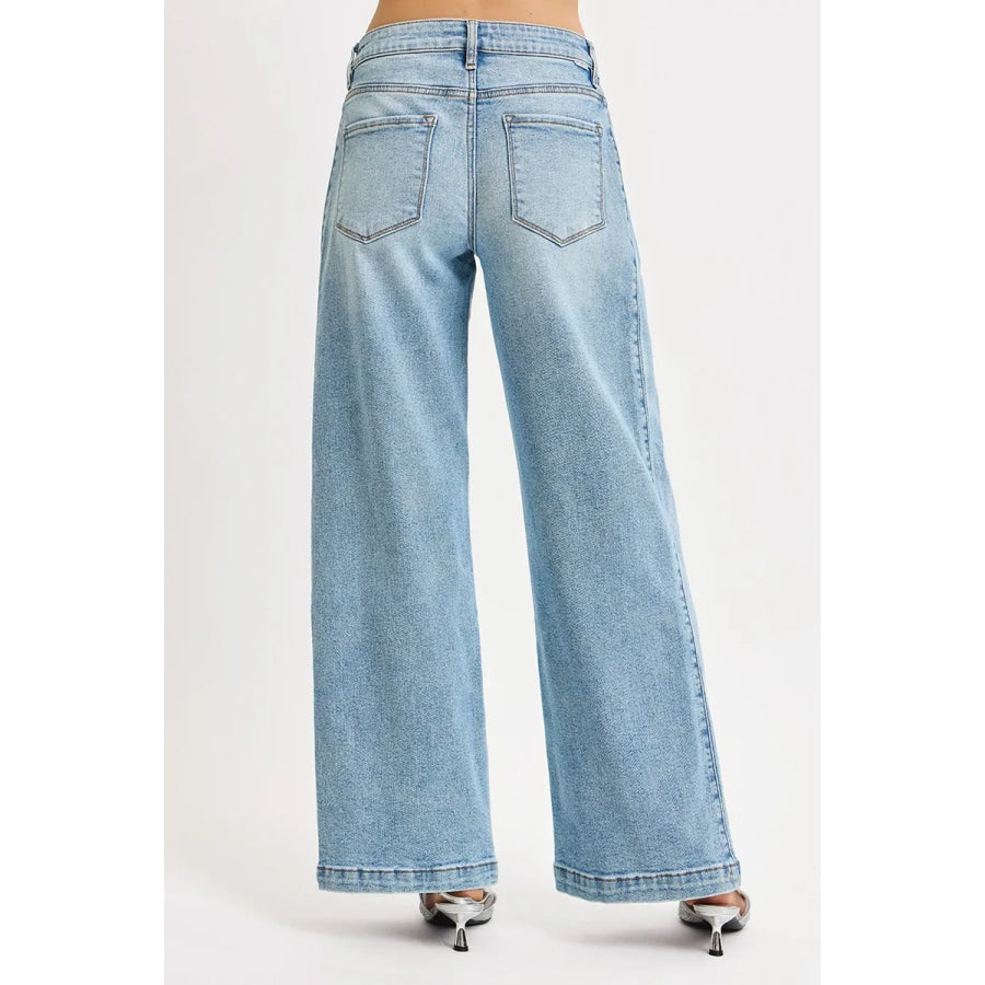 RISEN Mid Rise Wide Barrel Transferable Leg Snap Jeans Apparel and Accessories