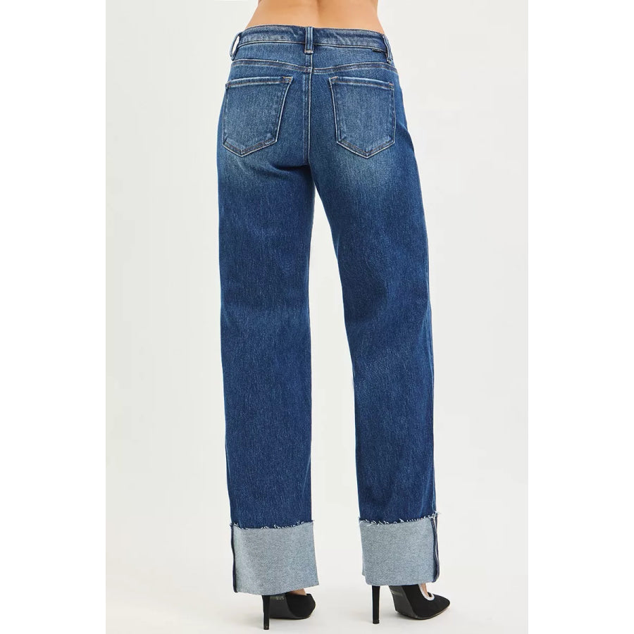 RISEN Mid Rise Wide Straight Jeans With Wide Cuff Apparel and Accessories