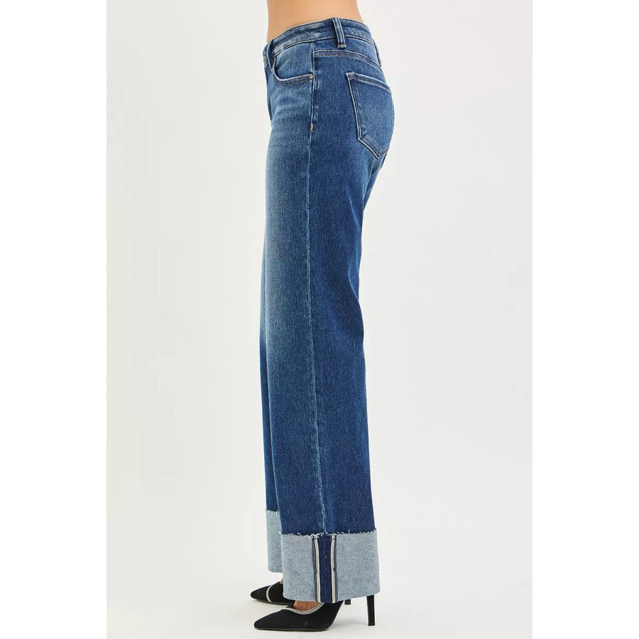 RISEN Mid Rise Wide Straight Jeans With Wide Cuff Apparel and Accessories