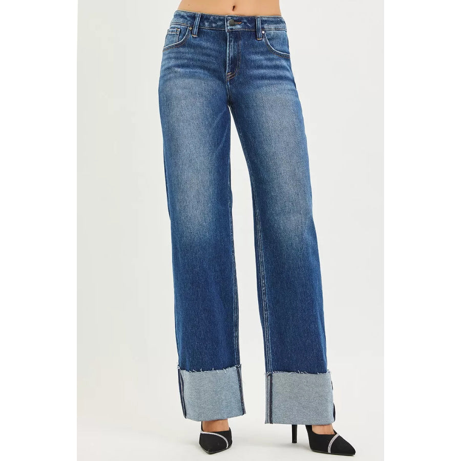 RISEN Mid Rise Wide Straight Jeans With Wide Cuff Apparel and Accessories