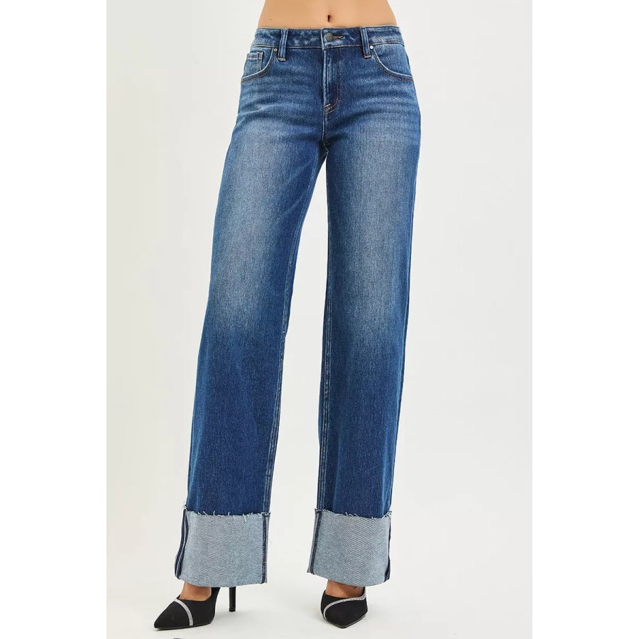 RISEN Mid Rise Wide Straight Jeans With Wide Cuff Apparel and Accessories