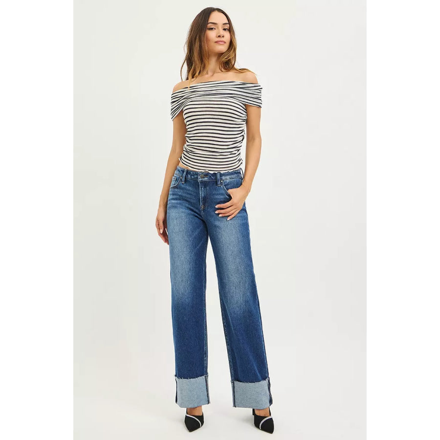 RISEN Mid Rise Wide Straight Jeans With Wide Cuff Apparel and Accessories