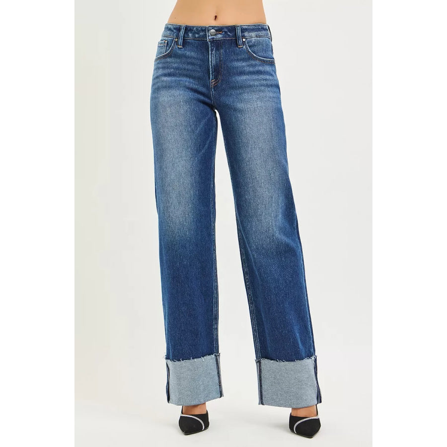 RISEN Mid Rise Wide Straight Jeans With Wide Cuff DARK / Apparel and Accessories