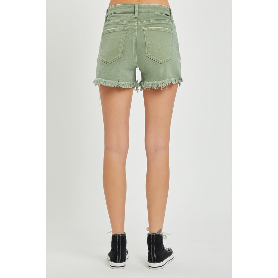 RISEN Mid Waist Frayed Hem Denim Shorts Apparel and Accessories