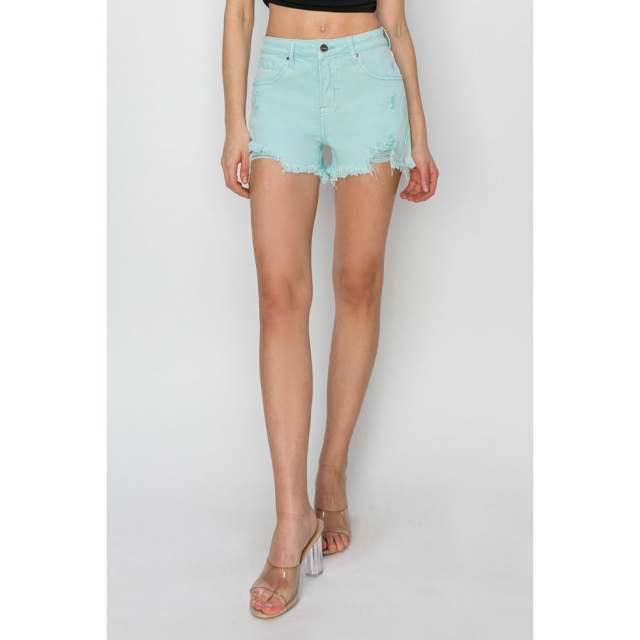 RISEN Mid Waist Frayed Hem Denim Shorts Apparel and Accessories