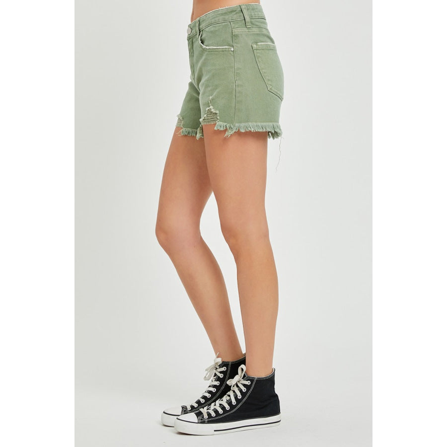 RISEN Mid Waist Frayed Hem Denim Shorts Apparel and Accessories