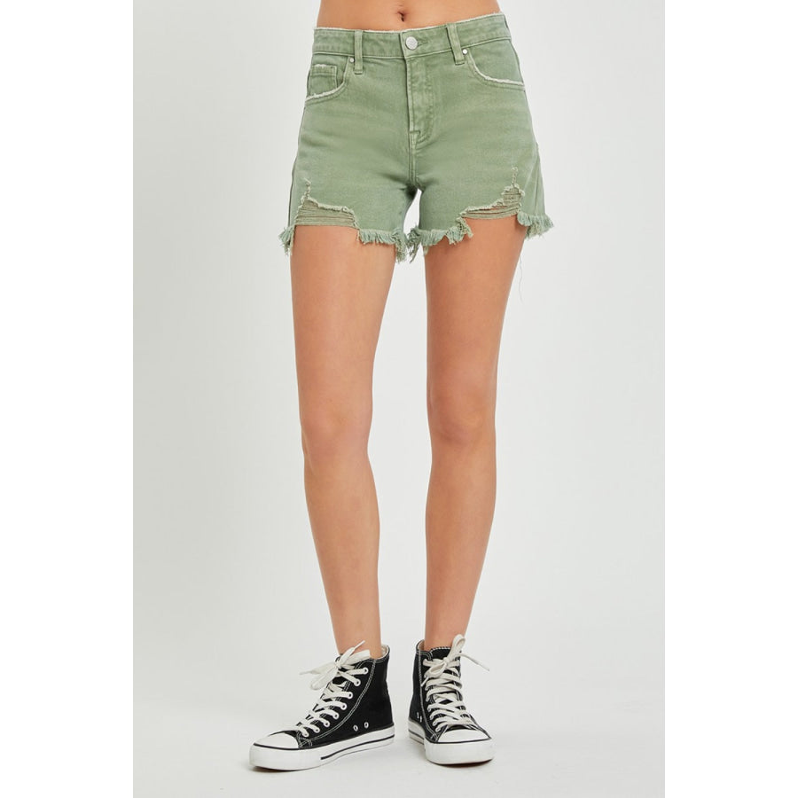 RISEN Mid Waist Frayed Hem Denim Shorts Apparel and Accessories