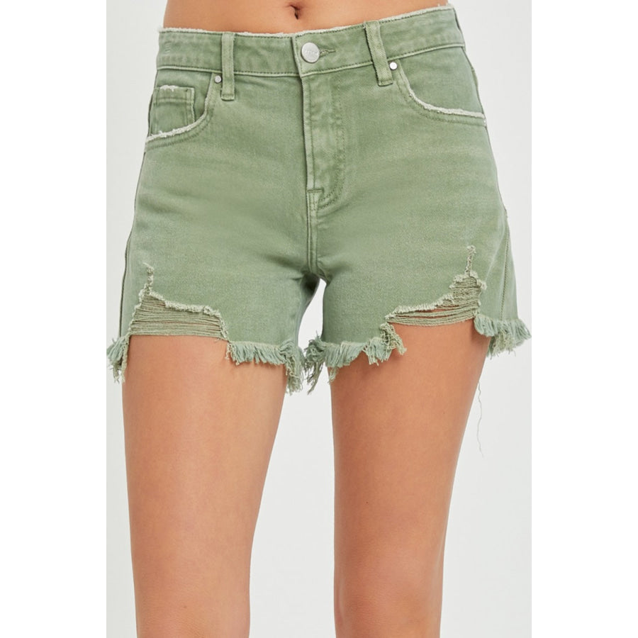 RISEN Mid Waist Frayed Hem Denim Shorts Olive / S Apparel and Accessories