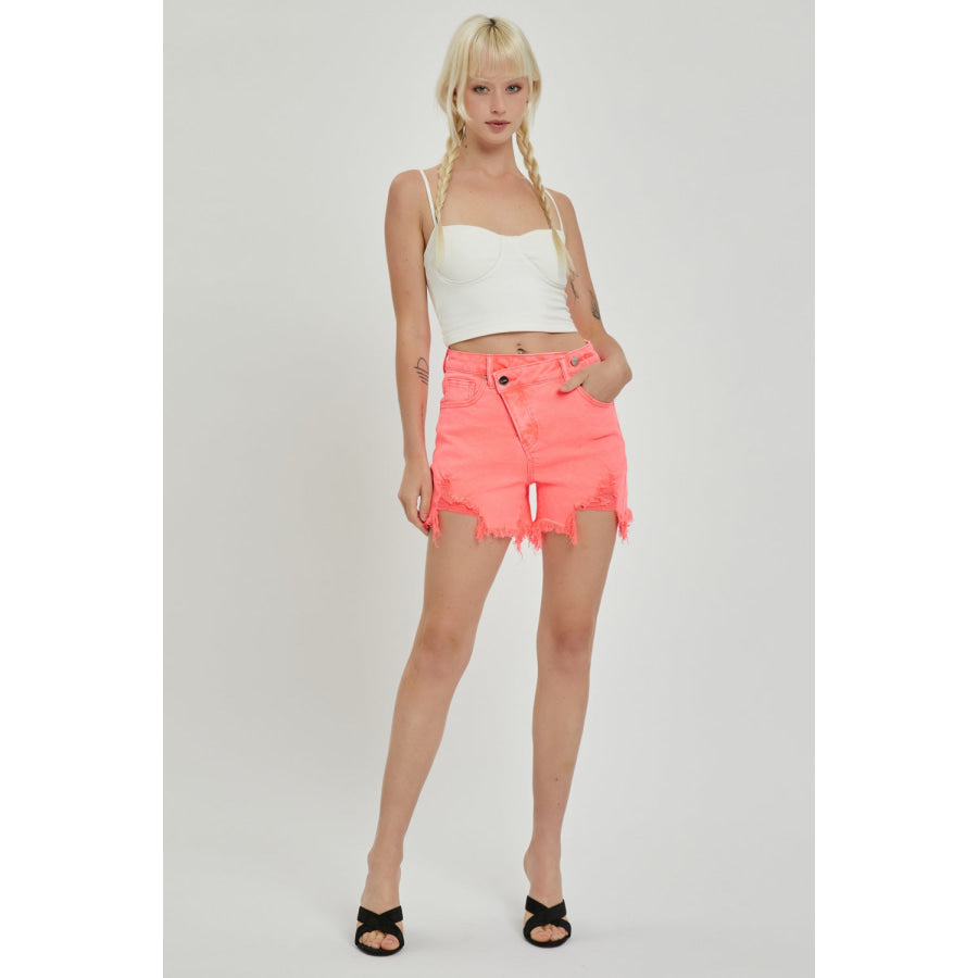 RISEN Raw Hem Asymmetrical Waist Denim Shorts Apparel and Accessories