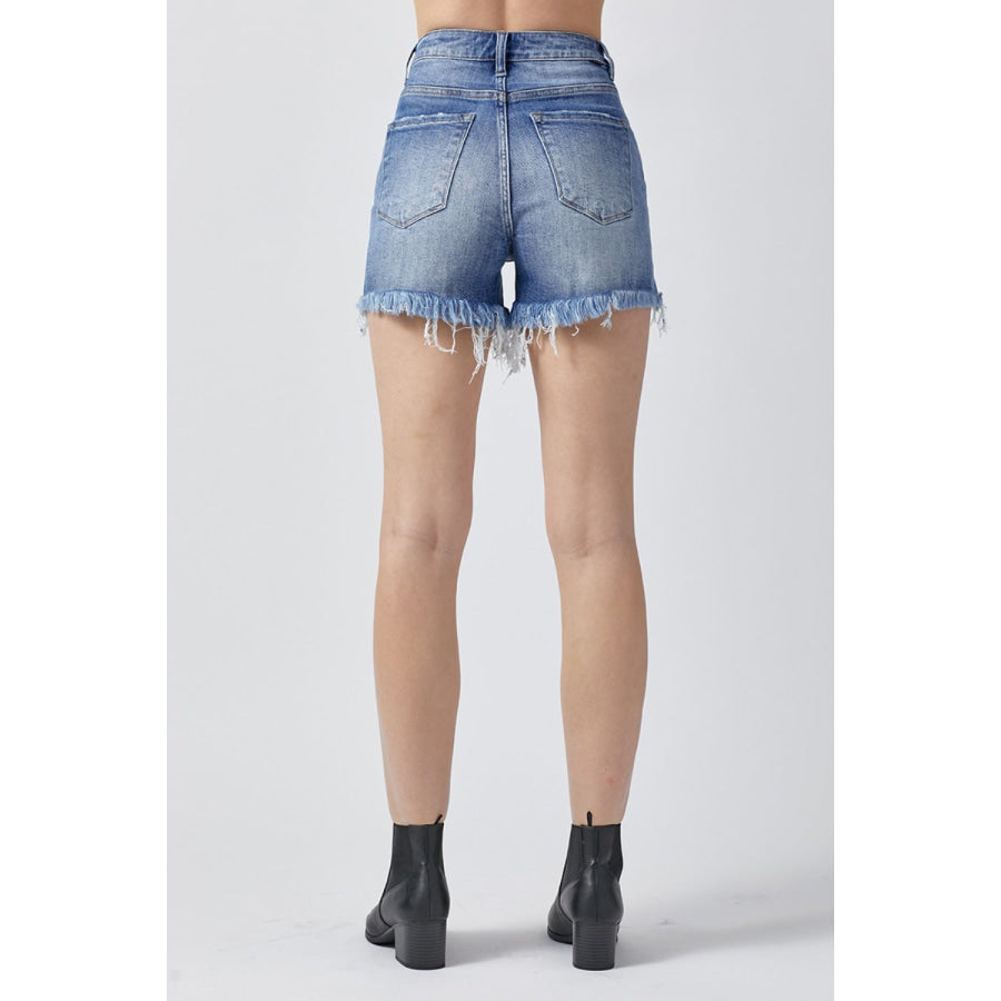 RISEN Raw Hem Asymmetrical Waist Denim Shorts Apparel and Accessories