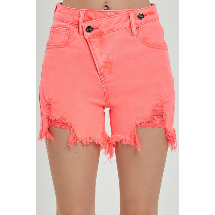 RISEN Raw Hem Asymmetrical Waist Denim Shorts Coral Pink / S Apparel and Accessories