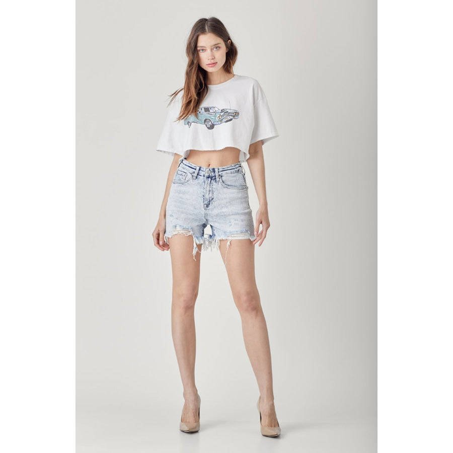 RISEN Raw Hem Distressed High Rise Denim Shorts Apparel and Accessories