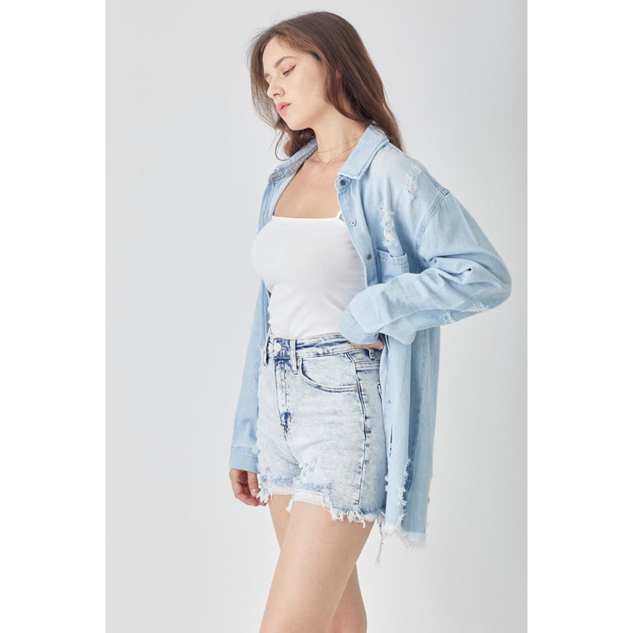 RISEN Raw Hem Distressed High Rise Denim Shorts Apparel and Accessories