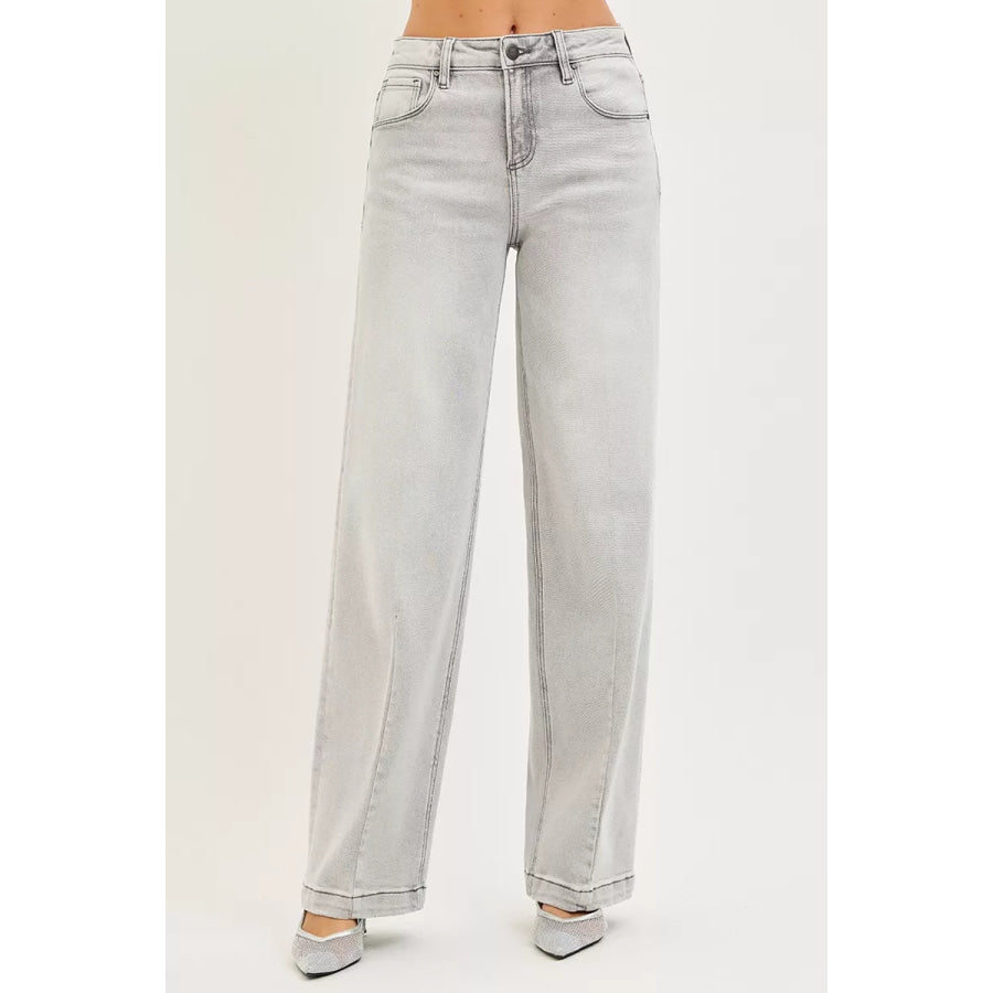 RISEN Slouchy Baggy Jeans with Contrast Stitching LIGHT GREY / Apparel and Accessories