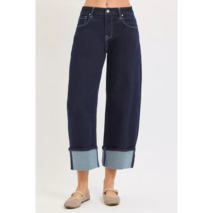 RISEN Slouchy Crop Barrel Cuffed Hem Jeans Apparel and Accessories