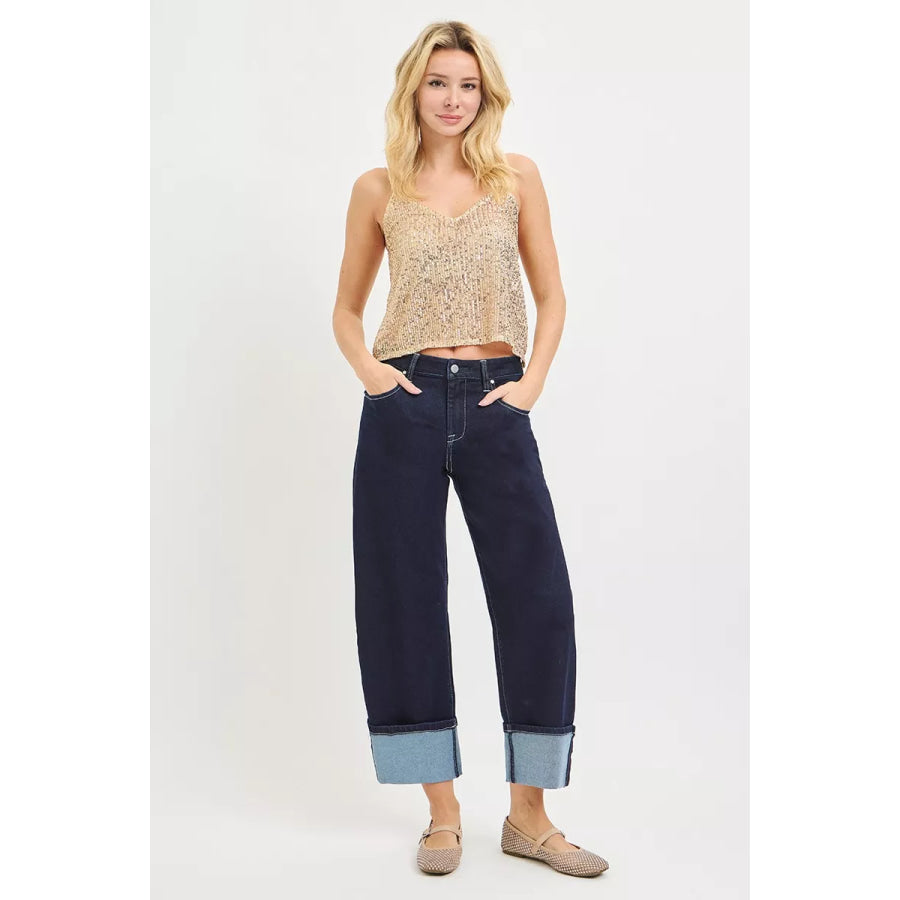 RISEN Slouchy Crop Barrel Cuffed Hem Jeans Apparel and Accessories