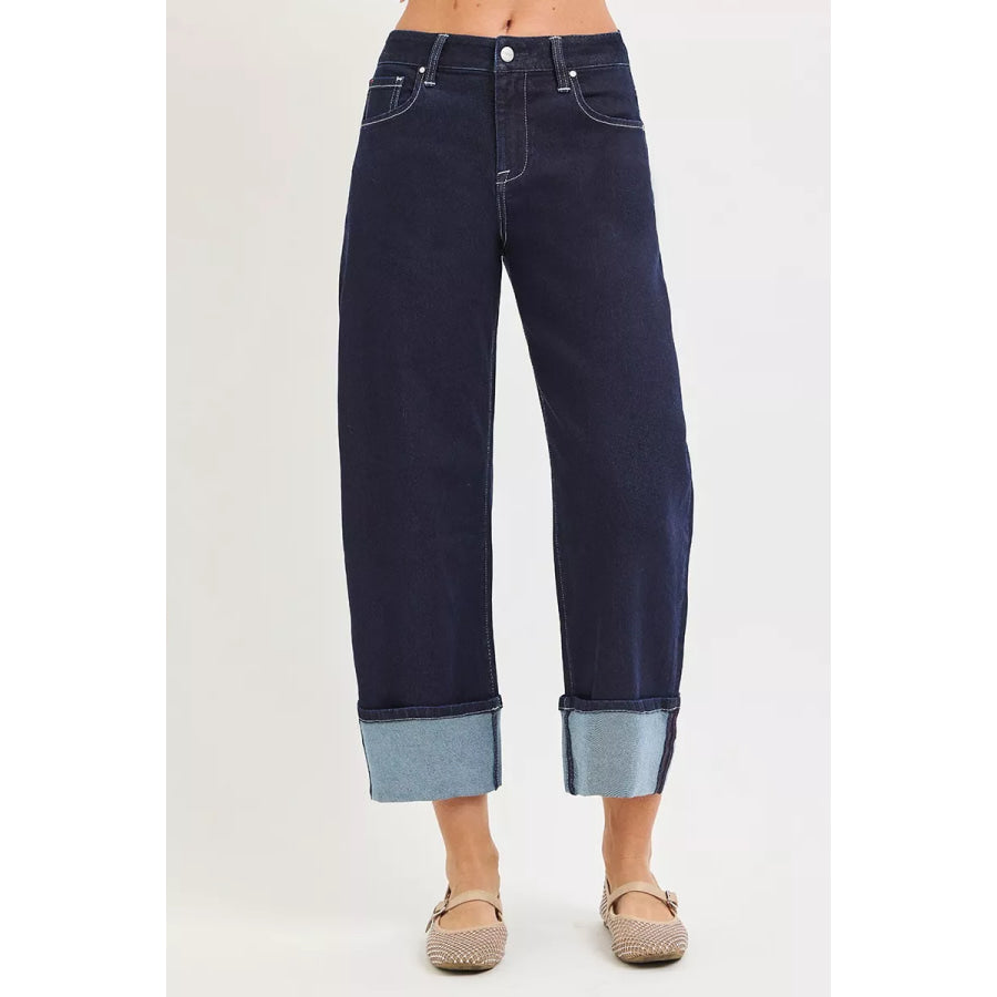 RISEN Slouchy Crop Barrel Cuffed Hem Jeans Apparel and Accessories