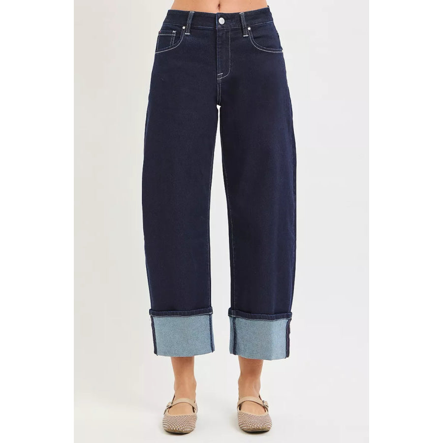 RISEN Slouchy Crop Barrel Cuffed Hem Jeans Solid Dark / Apparel and Accessories
