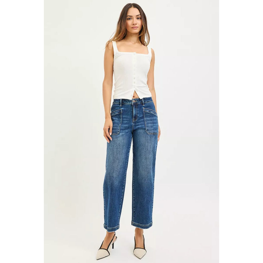 RISEN Slouchy Cropped Baggy Jeans with Front Patch Pocket Apparel and Accessories