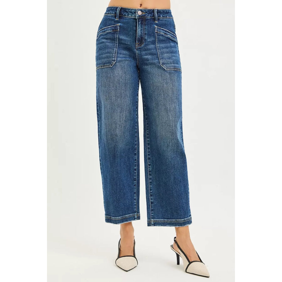 RISEN Slouchy Cropped Baggy Jeans with Front Patch Pocket DARK / Apparel and Accessories