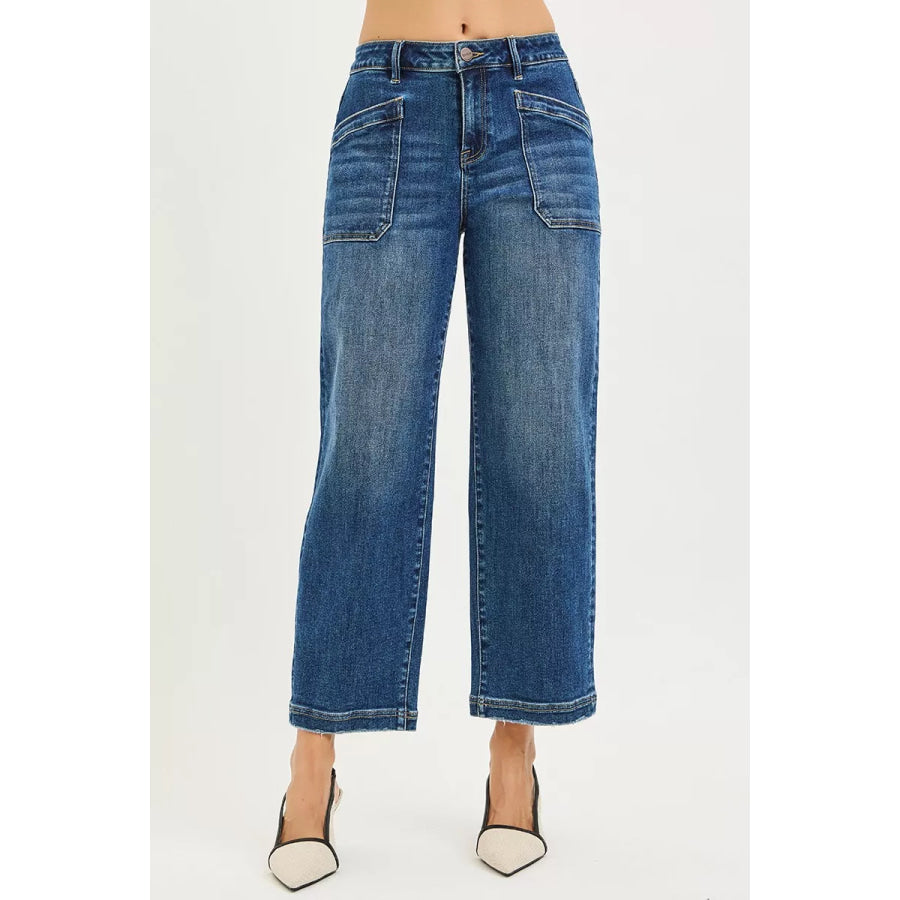 RISEN Slouchy Cropped Baggy Jeans with Front Patch Pocket DARK / Apparel and Accessories