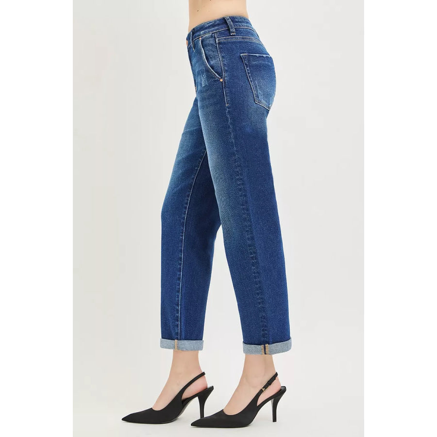 RISEN Slouchy Cropped Boyfriend Jeans with Cuffed Hem Apparel and Accessories