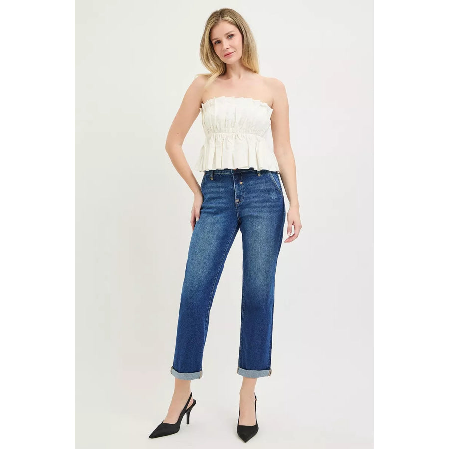 RISEN Slouchy Cropped Boyfriend Jeans with Cuffed Hem Apparel and Accessories