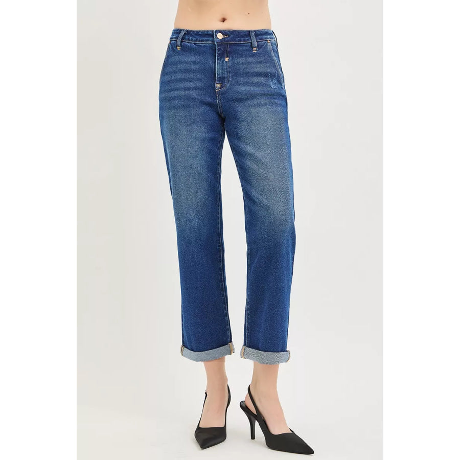 RISEN Slouchy Cropped Boyfriend Jeans with Cuffed Hem Apparel and Accessories