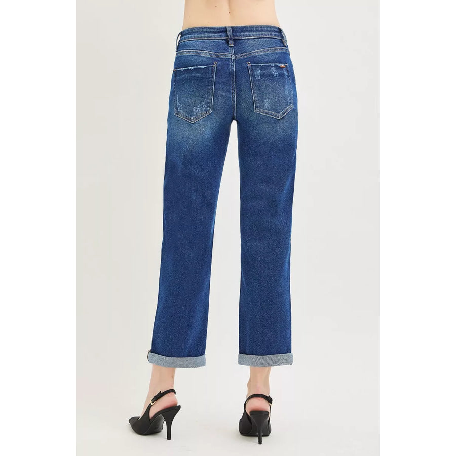 RISEN Slouchy Cropped Boyfriend Jeans with Cuffed Hem Apparel and Accessories