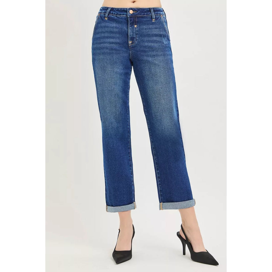 RISEN Slouchy Cropped Boyfriend Jeans with Cuffed Hem Apparel and Accessories