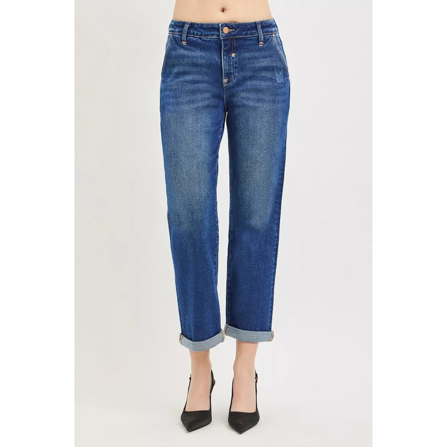 RISEN Slouchy Cropped Boyfriend Jeans with Cuffed Hem DARK / Apparel and Accessories