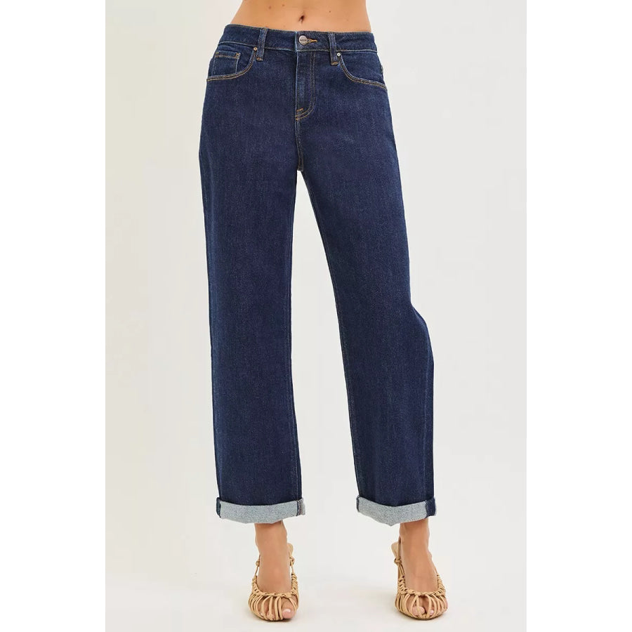 RISEN Slouchy Cropped Boyfriend Jeans With Cuffed Hem SOLID DARK / Apparel and Accessories