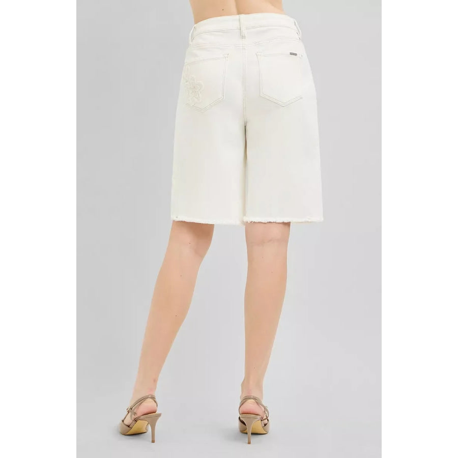 RISEN Slouchy Relaxed Floral Embroidered Bermuda Denim Shorts Apparel and Accessories
