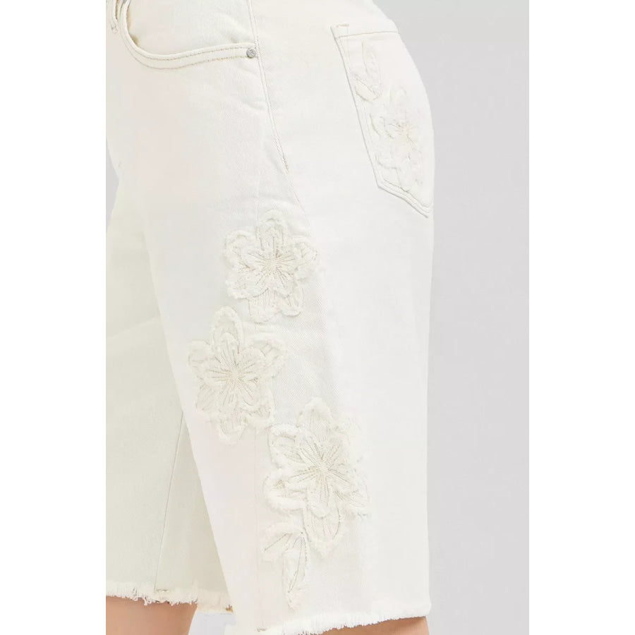 RISEN Slouchy Relaxed Floral Embroidered Bermuda Denim Shorts Apparel and Accessories