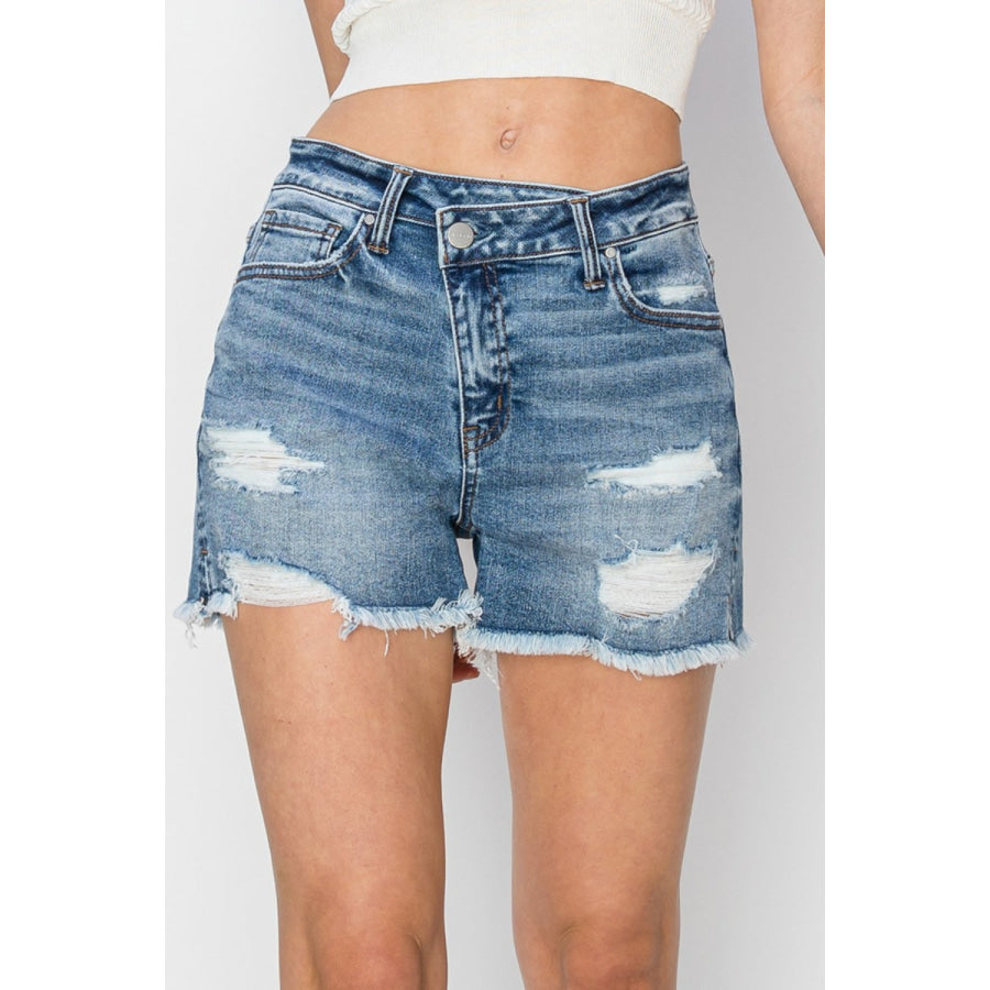 RISEN Stepped Waist Frayed Denim Shorts MEDIUM / S Apparel and Accessories