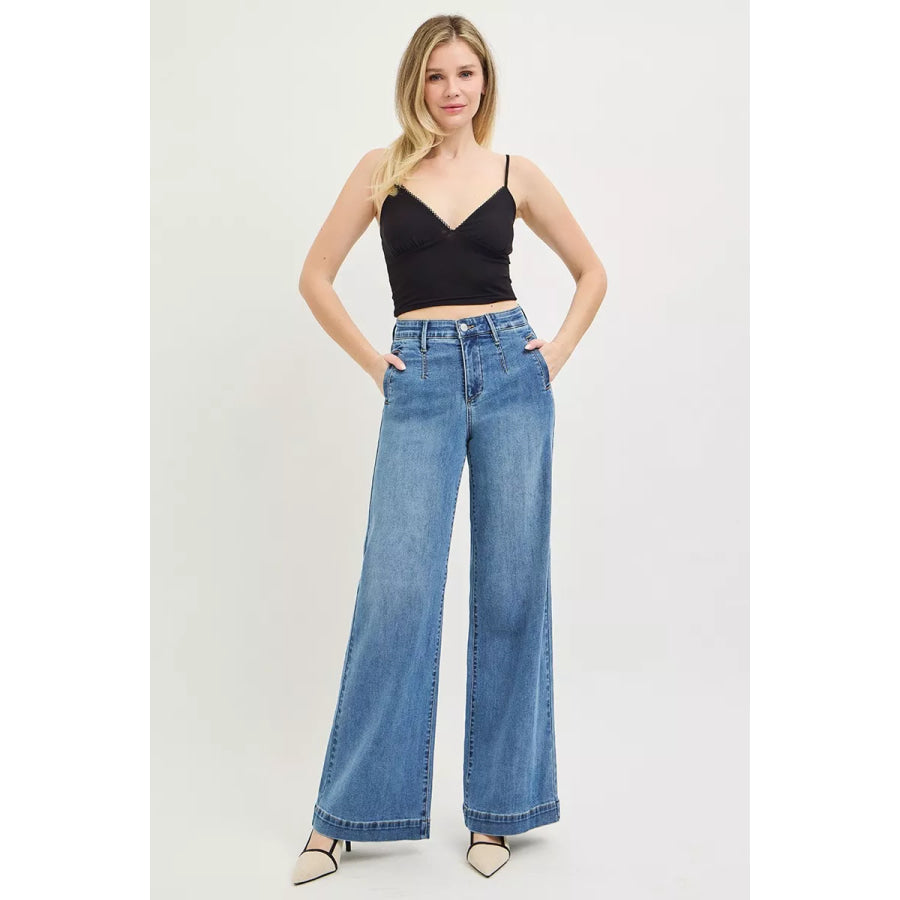 RISEN Tummy Control Elastic Band High Rise Wide Jeans Apparel and Accessories