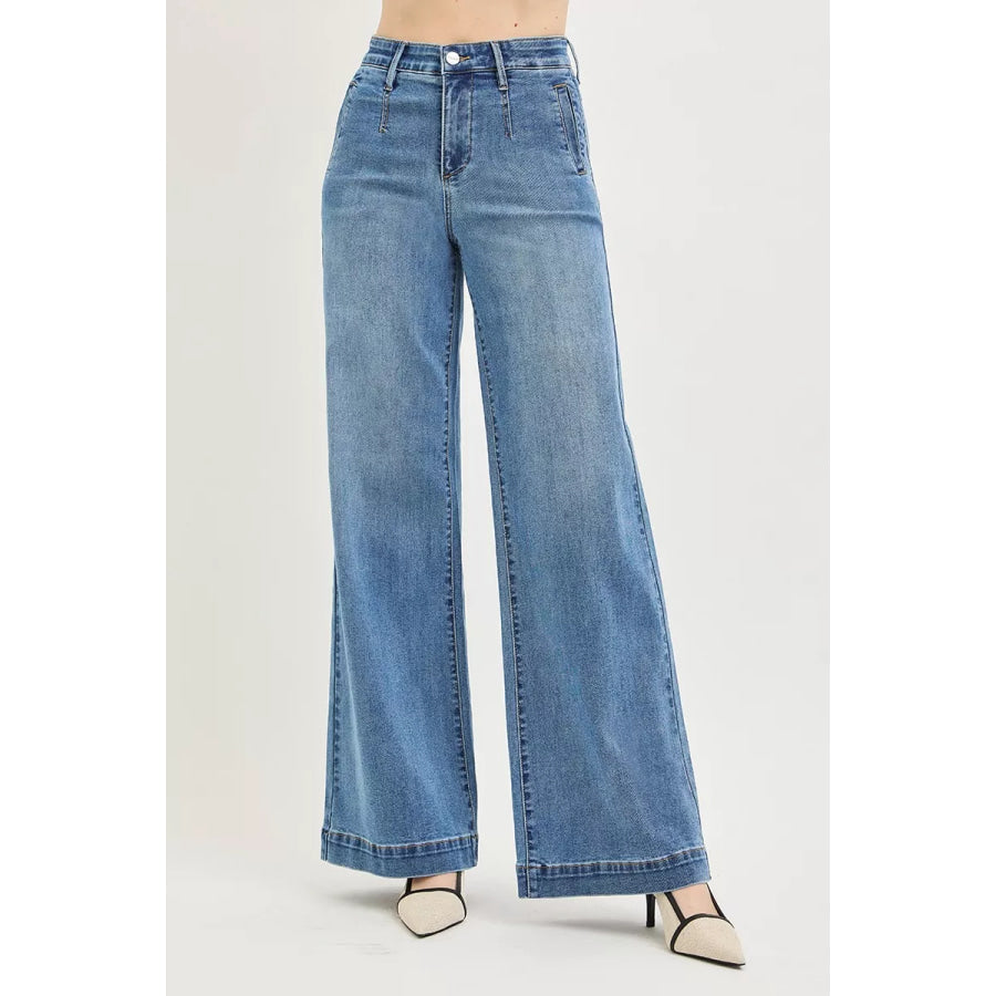 RISEN Tummy Control Elastic Band High Rise Wide Jeans Apparel and Accessories