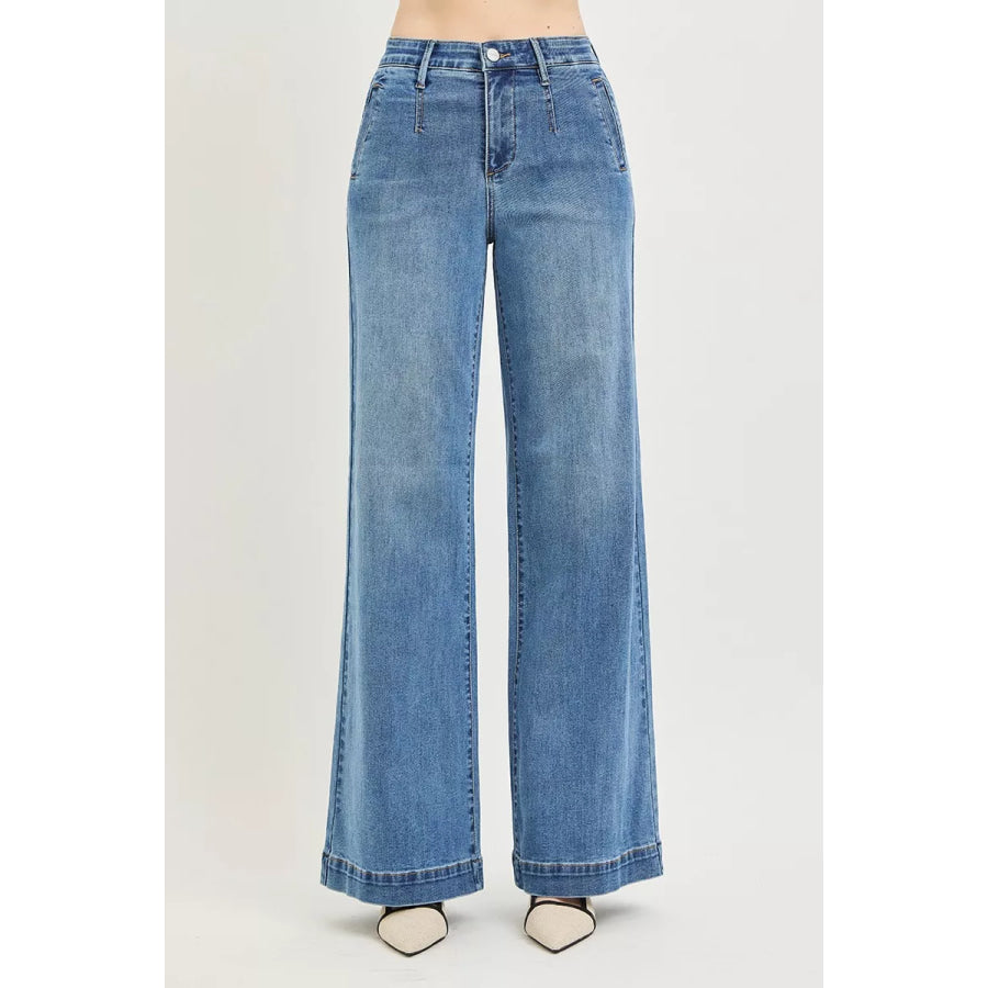 RISEN Tummy Control Elastic Band High Rise Wide Jeans Apparel and Accessories