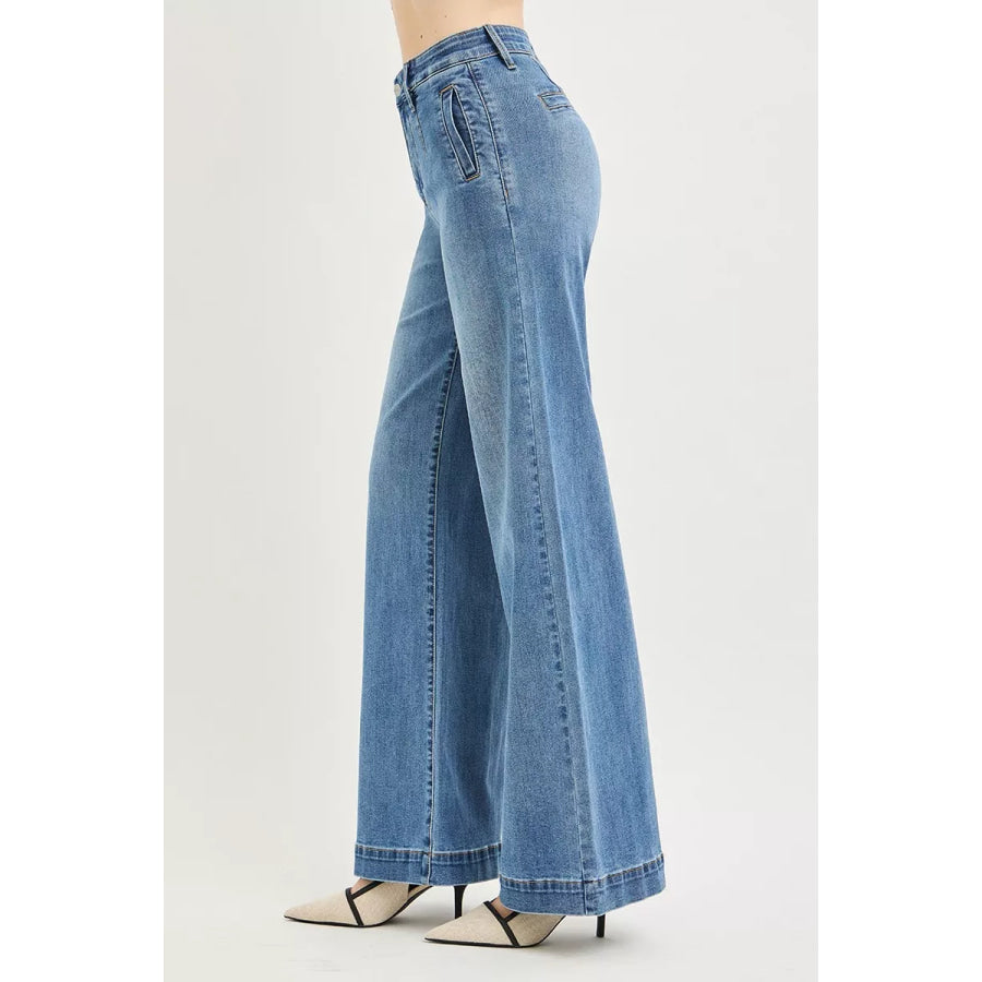 RISEN Tummy Control Elastic Band High Rise Wide Jeans Apparel and Accessories