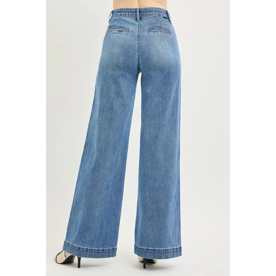 RISEN Tummy Control Elastic Band High Rise Wide Jeans Apparel and Accessories