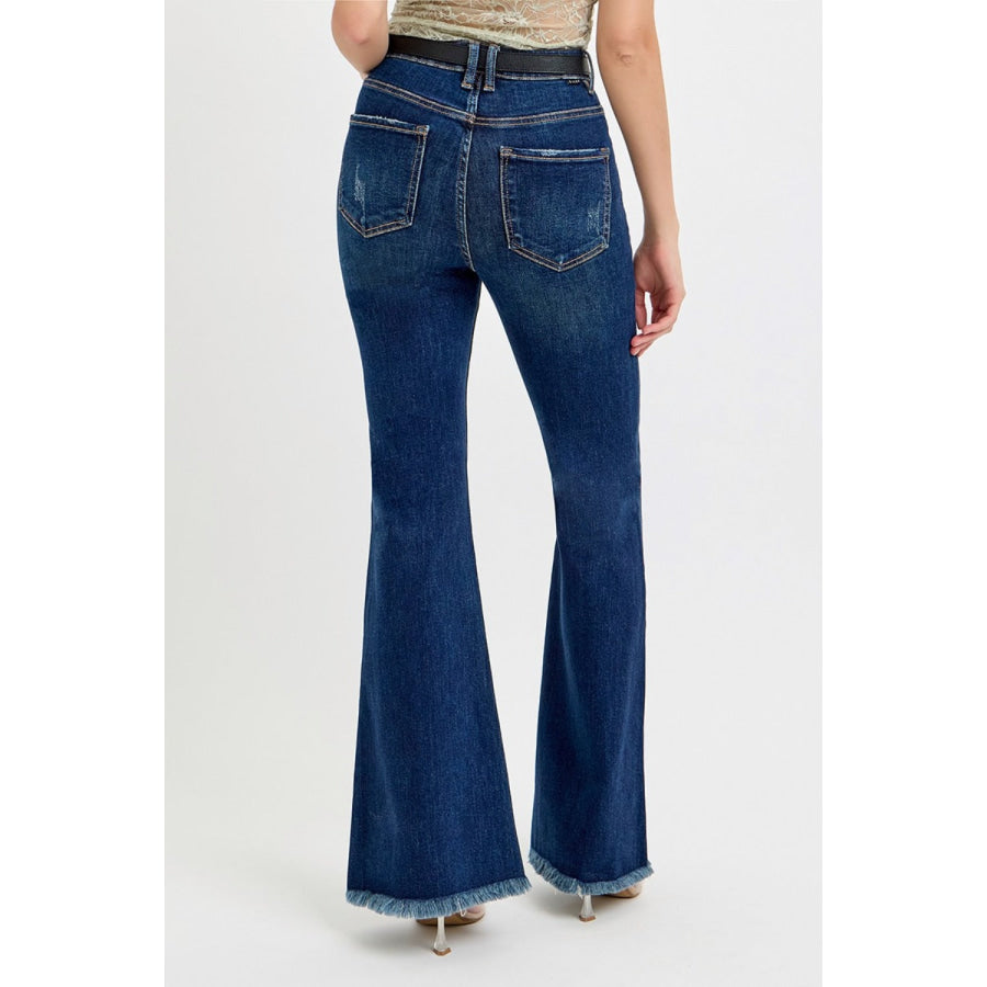 RISEN Tummy Control Frayed Hem Flare Jeans Apparel and Accessories