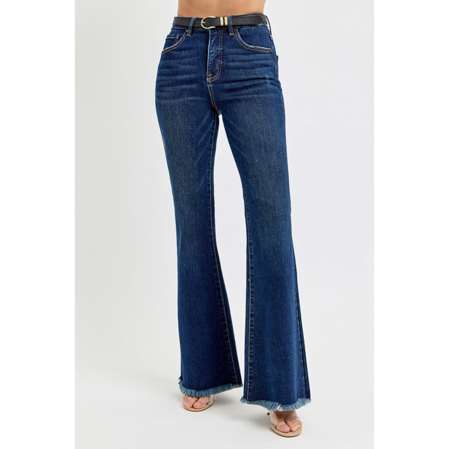 RISEN Tummy Control Frayed Hem Flare Jeans Apparel and Accessories