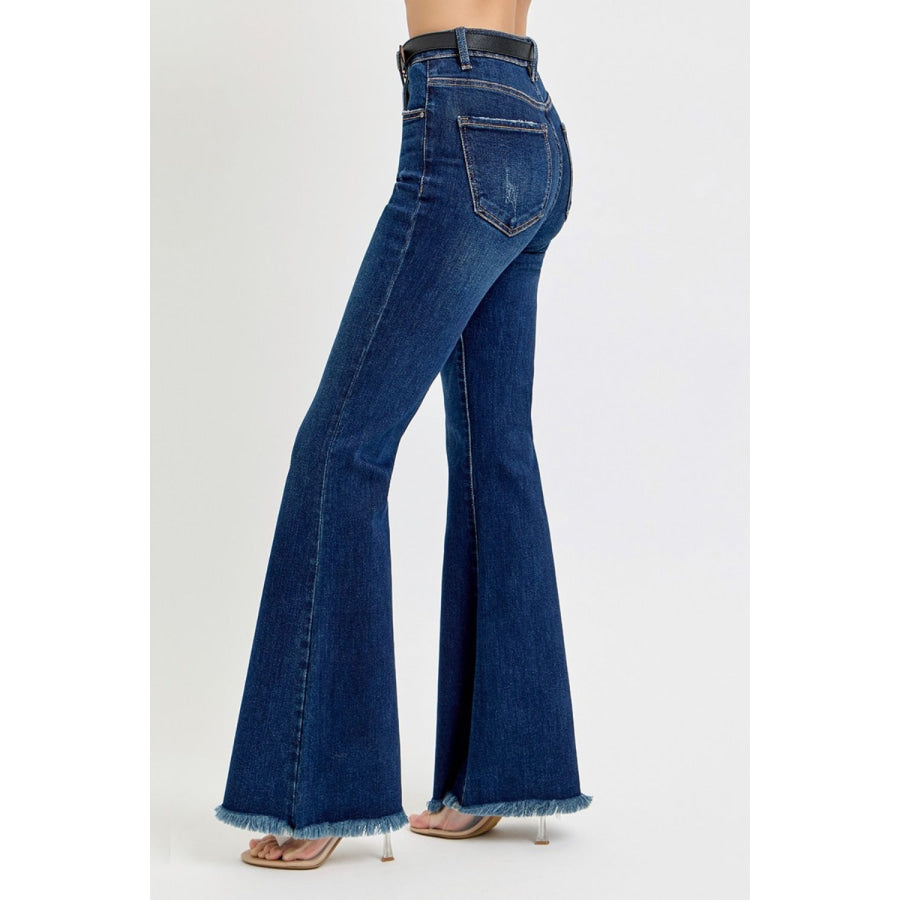 RISEN Tummy Control Frayed Hem Flare Jeans Apparel and Accessories