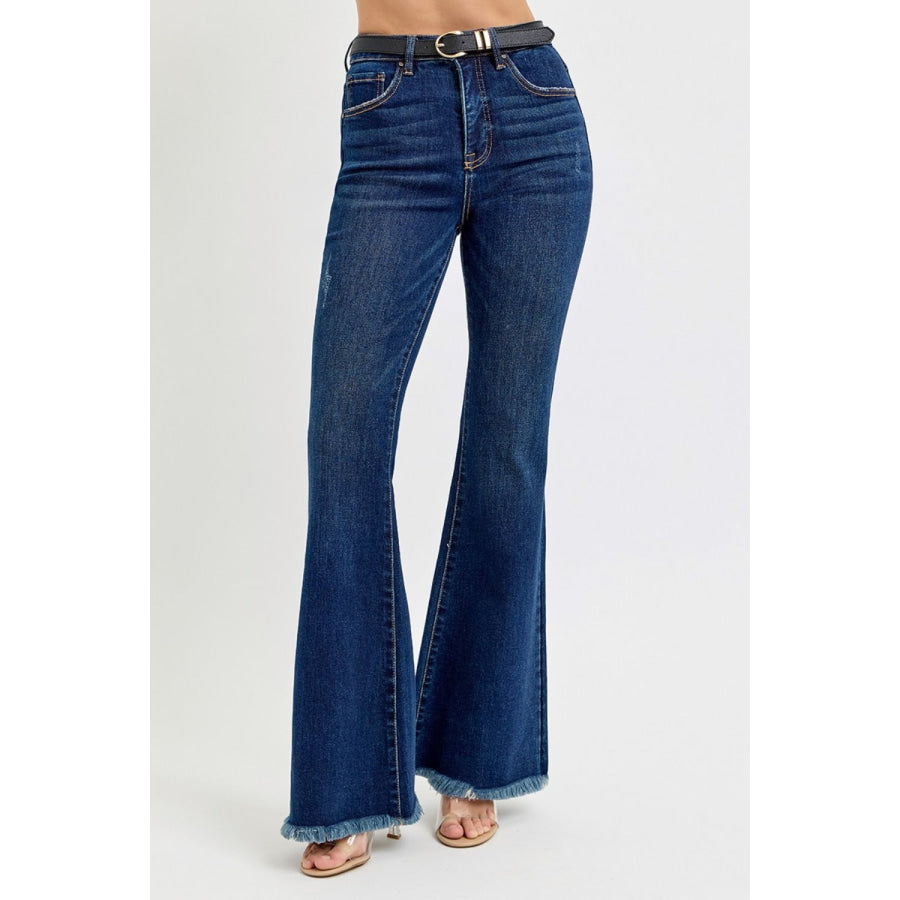 RISEN Tummy Control Frayed Hem Flare Jeans Apparel and Accessories