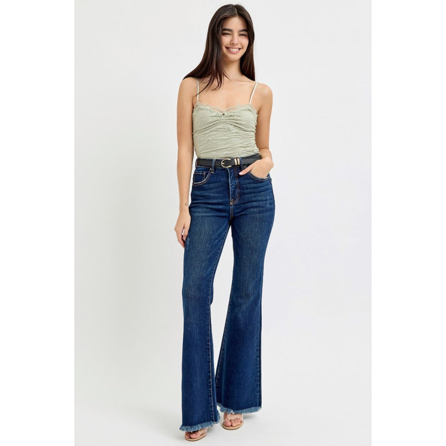 RISEN Tummy Control Frayed Hem Flare Jeans Apparel and Accessories