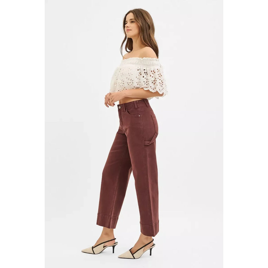 RISEN Tummy Control High Rise Crop Wide No Waist Band Pants Apparel and Accessories