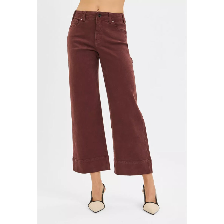 RISEN Tummy Control High Rise Crop Wide No Waist Band Pants CHOCO BROWN / Apparel and Accessories