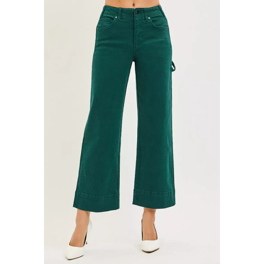 RISEN Tummy Control High Rise Crop Wide No Waist Band Pants HUNTER GREEN / Apparel and Accessories